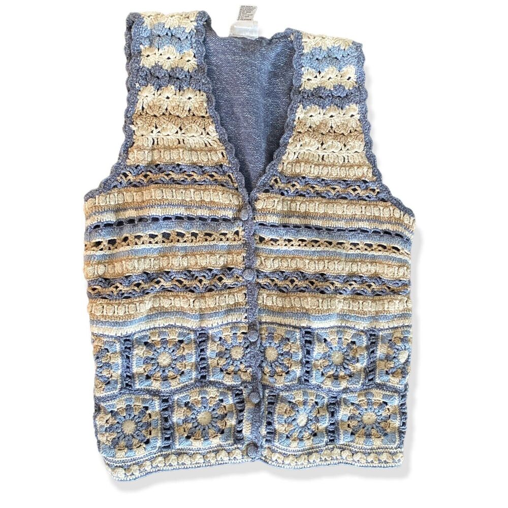 Vintage Blue Beige Crochet Knit Grandmacore Sweater Vest Ramie Cotton Medium